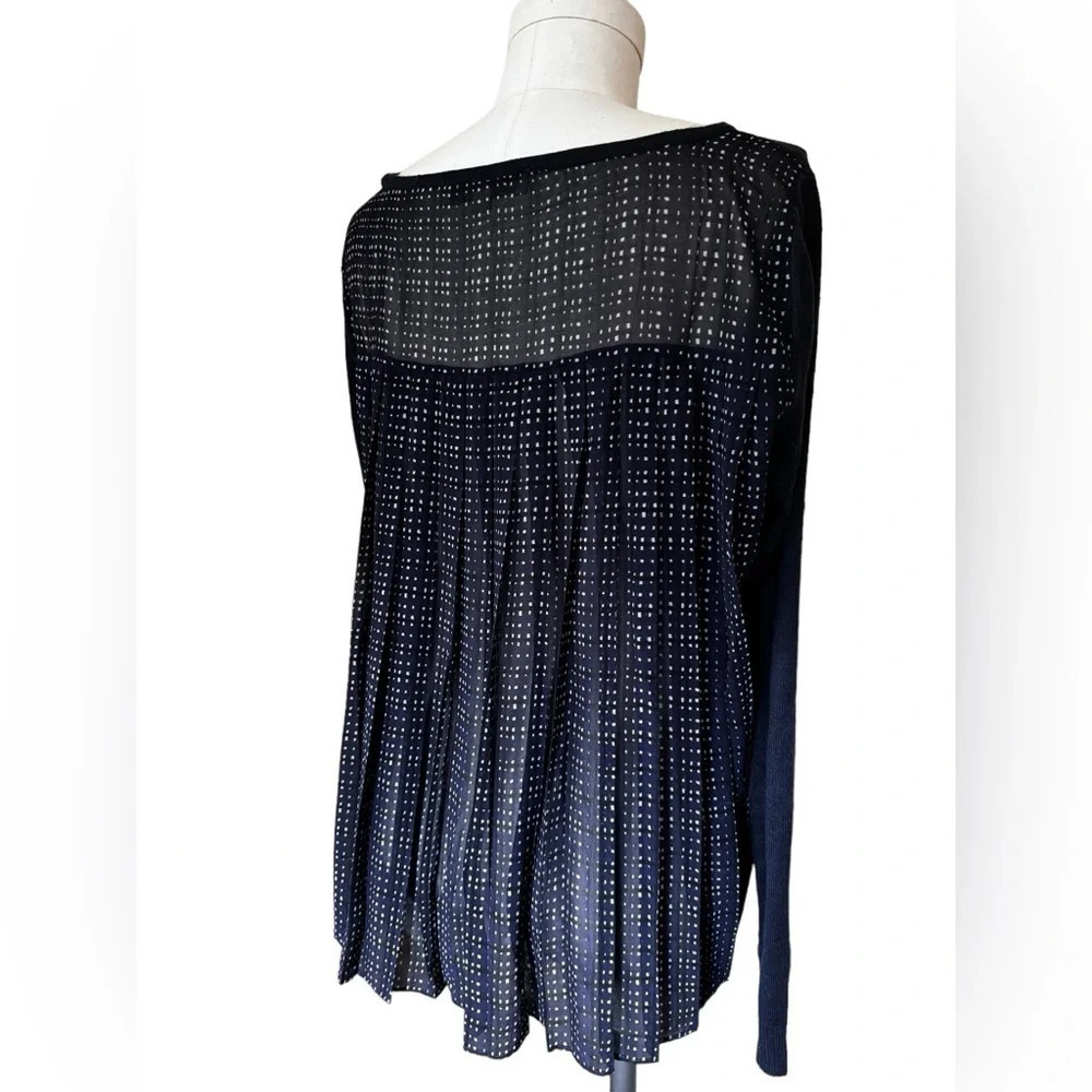 LOFT Mixed Media Pleated Chiffon Sweater, Navy blue plaid, size medium - Picture 4 of 13